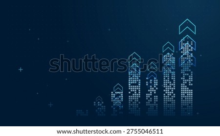 Multiple neon arrows point upward atop digital pillars, representing scaling technology in the Finance sector. and show This Business graphic features several upward trending arrows, illustrating consistent growth through advanced technology.