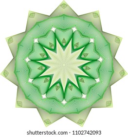 Multiple nested guilloche rosettes set in shades of green and feathery central star.
