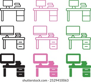 Multiple office computer table silhouettes in a modern design. Perfect for workspace, interior design, and office layout concepts.