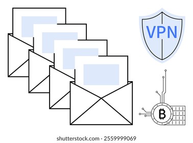 Multiple open emails are shown with a VPN shield icon and a blockchain Bitcoin symbol. Ideal for security, data privacy, email encryption, blockchain technology, and VPN services. Simple vector style