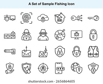 Vários ícones de estrutura de tópicos representam várias facetas da segurança cibernética, incluindo tentativas de phishing, violações de dados e medidas de proteção em um estilo limpo e minimalista.