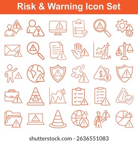Multiple outlined icons in orange showcasing various warnings and risk alerts, each featuring an attention sign to indicate potential danger or hazard on a clean background.