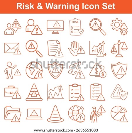Multiple outlined icons in orange showcasing various warnings and risk alerts, each featuring an attention sign to indicate potential danger or hazard on a clean background.