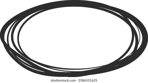 Multiple overlapping black lines form an oval shape, creating a hand drawn frame with a prominent empty center against a clean white background, emphasizing simplicity and minimalism