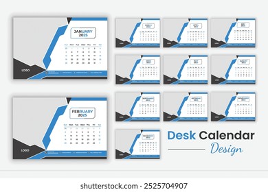 Multiple pages desk calendar design template 2025, 12 pages, minimal design, corporate calendar.