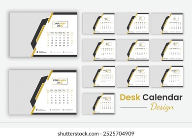 Plantilla de diseño de calendario de escritorio de múltiples páginas 2025, 12 páginas, diseño mínimo, calendario corporativo.