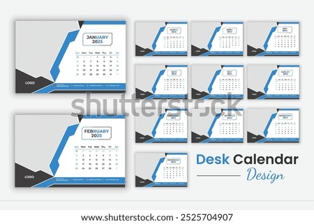 Multiple pages desk calendar design template 2025, 12 pages, minimal design, corporate calendar.