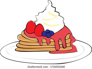 Multiple pancakes with fresh cream and fruits