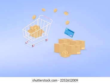 Multiple parcel boxes for shopping concept. boxes delivery to home for online shopping buy pass credit card with gold coins. vector 3d illustraton.