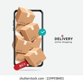multiple parcel boxes were packed tightly inside smartphone and were overflowing to convey the promotional period that customers order in an online platform on smartphone,vector 3d isolated delivery - Shutterstock ID 2199938401