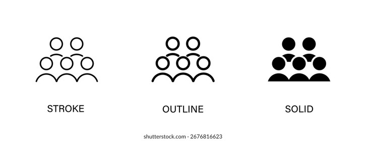 Multiple people icons for team, community, teamwork, social, group. Vector stroke, outline and solid icons. Eps10 file.