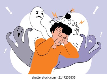 Multiple personality concept. Young guy holds his head, imagining ghosts and mothers behind him. Stress, horror and panic. Psychological problems and mental health. Cartoon flat vector illustration