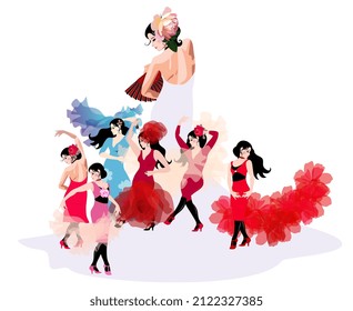 Multiple personality. Several subpersonalities. Flamenco dancers women. Beautiful vector illustration.