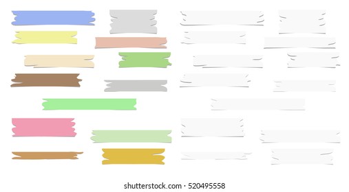 Multiple pieces of colorful and grey sticky tape in different shapes on white background