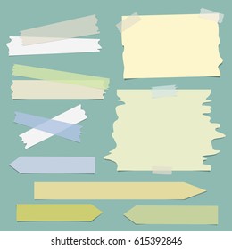 Multiple pieces of colorful sticky tape, arrow shaped paper strips and notepaper on color background