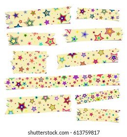 Multiple pieces of sticky tape with colorful stars in different shapes and sizes on white background