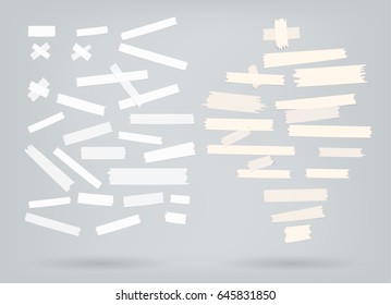 Multiple pieces of sticky tape in different shape and size on light grey background