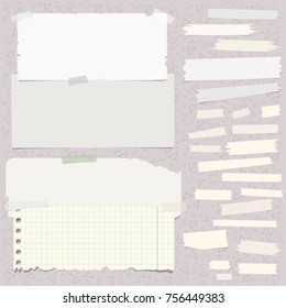 Multiple pieces of sticky tape and notepaper sheets in different shapes and sizes on light grey background with triangles 