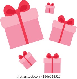 Multiple pink gift boxes with red ribbons in a flat style, representing romantic surprises or festive celebrations for Valentine’s Day.