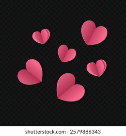 Multiple pink paper-style hearts on a transparent background, perfect for love, romance, or Valentine's Day-themed designs.