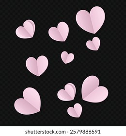 Multiple pink paper-style hearts on a transparent background, perfect for love, romance, or Valentine's Day-themed designs.