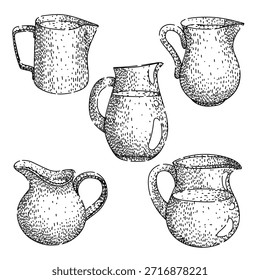 Múltiples jarras y cremas en un estilo de doodle dibujado a mano, que ilustran varios tipos de recipientes para servir bebidas para leche, agua u otros líquidos sobre un fondo blanco limpio