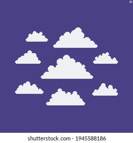 Multiple pixel art cloud icons of different sizes and shapes isolated on violet background