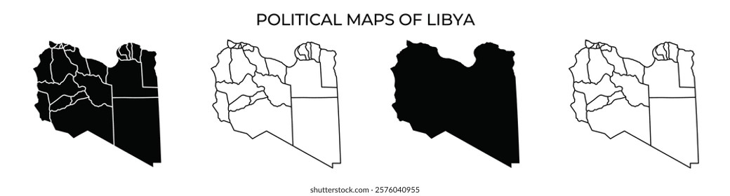 Multiple political maps present the regions of Libya in various styles. The maps highlight geographic boundaries and significant areas, providing valuable insight into the countrys divisions.