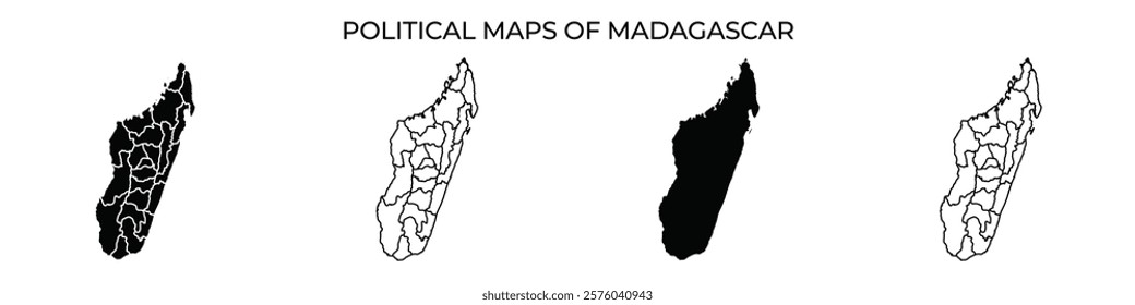 Multiple political maps represent Madagascar, featuring different color schemes and the outline of the countrys regions.