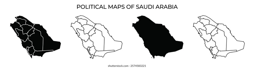 Multiple political maps showcase different regions of Saudi Arabia in various styles. Each map highlights specific boundaries and features unique to the areas represented.