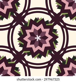 Multiple polygon flower-shaped ornamental pattern, overlapping 10-pointed stars, maroon, pink, green in maroon circles on cream-colored background. Seamless vector pattern.