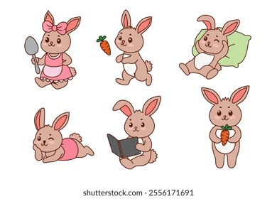 Multiple pose different activity of rabbit. Animals cartoon.