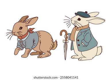 Multiple pose different activity of rabbit. Animals cartoon.