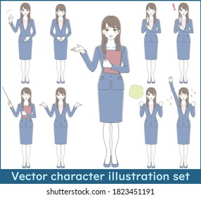 Multiple poses of full-body illustration of a woman in a business suit