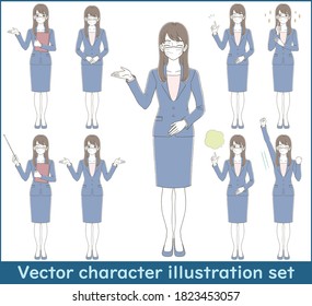 Multiple poses of a full-body illustration of a woman in a mask and a business suit