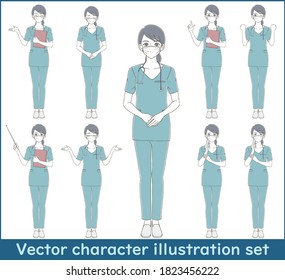 Multiple poses of illustrations of a woman in a white coat wearing a mask