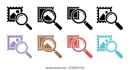 Multiple postage stamp and magnifying glass icons in different colors, shown in a simple style.