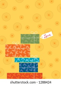 Multiple presents with retro patterns and a note of love.
