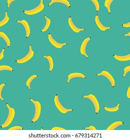 multiple pretty bananas on green blue background seamless concept vector illustration. variable in size, rotation and scatter, each item has yellow color tone & black at butt and tip end, famous fruit
