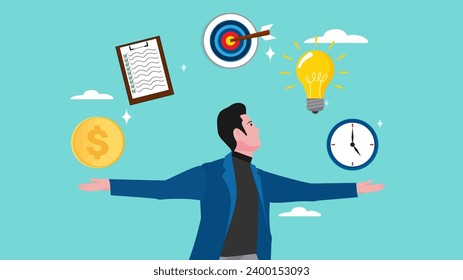 multiple project management concept illustration, juggle multiple project concept, professional businessman manage multiple project at the some time vector illustration with flat design style