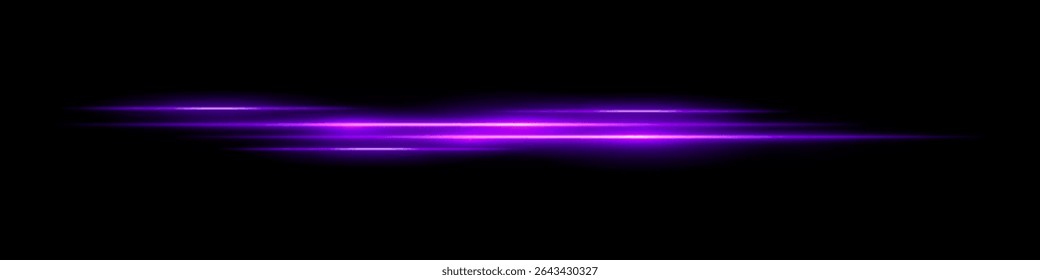 Multiple purple light streaks with glowing motion blur on black background. Futuristic laser trails ideal for sci-fi overlays, HUD design, speed effects, or digital transitions.