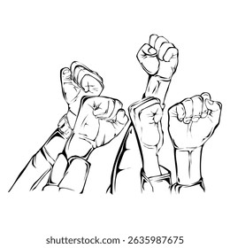 Multiple raised fists in black outline symbolizing power and unity against a transparent background create a strong, graphic image for social justice or empowerment campaigns.
