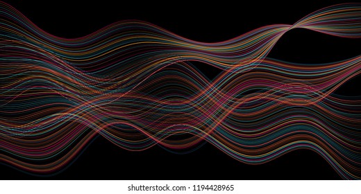 Multiple red blue yellow intersecting lines, tech fibers motion. Vector cool flowing curves pattern background, geometric design. Futuristic smoky vector pattern for cover, banner layout.