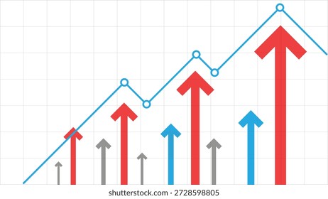 Várias setas vermelhas de negócios surgindo juntas verticalmente com um gráfico de linhas ascendentes representando otimismo compartilhado, crescimento dos lucros e expansão econômica