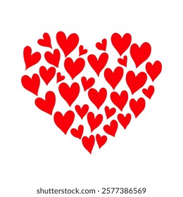 Multiple red hearts forming a larger heart shape, arranged artistically on a clean white background, symbolizing love and unity. Valentine's day illustration.