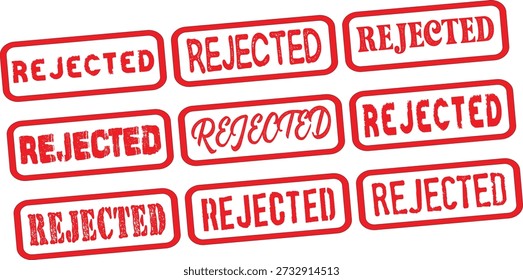 Multiple red rejected rubber stamps arranged closely together on a white background