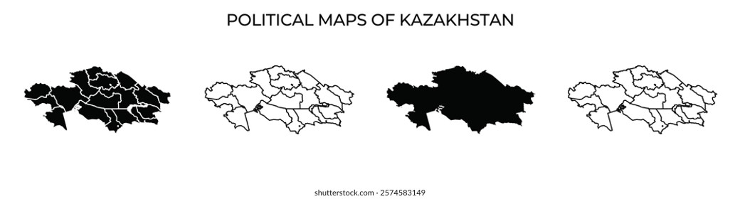 Multiple representations of Kazakhstans political maps display different regional divisions. Each map showcases distinct geographical boundaries within the country, illustrating administrative areas.