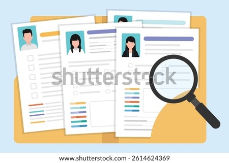 Multiple resume sheet paper move out of file folder, Searching on a many CV resume paper sheet by a magnifying glass.