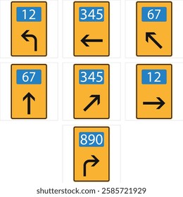 Multiple road signs indicating directions and route numbers.