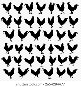 Multiple rooster silhouettes are arranged in a grid-like pattern against a transparent background.